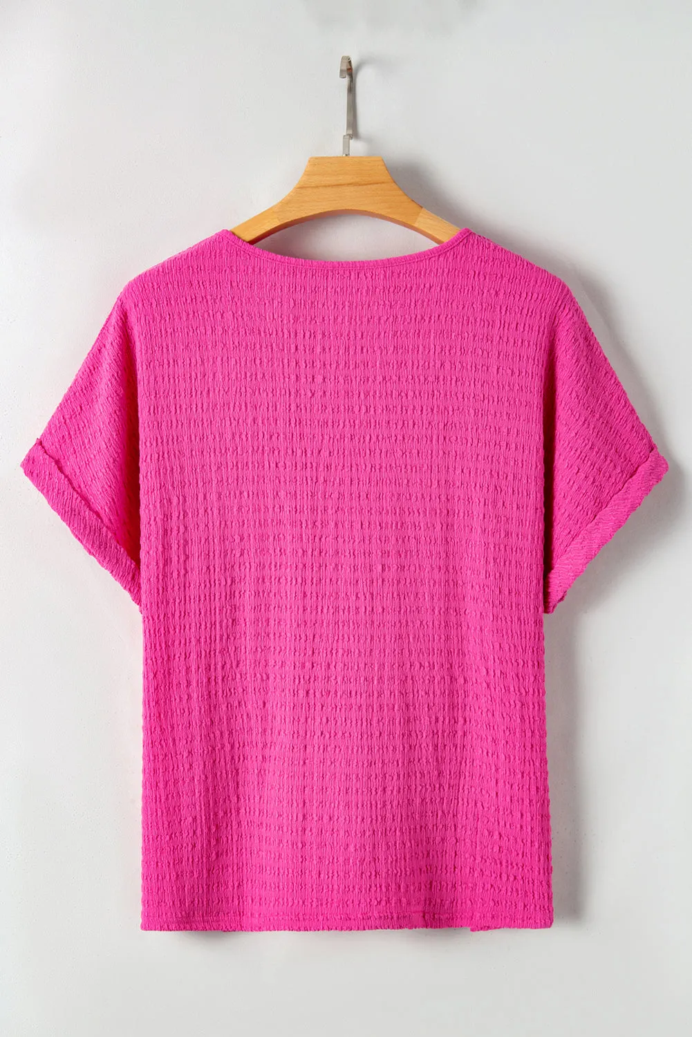 Bright Pink Plus Size Textured Folded Sleeve V Neck T Shirt sold by Beagle Boutique product image thumbnail 5