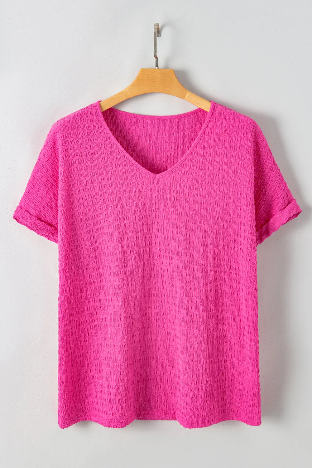 Bright Pink Plus Size Textured Folded Sleeve V Neck T Shirt sold by Beagle Boutique product image thumbnail 4