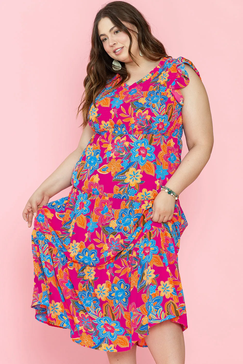 Red Floral Print Ruffled Sleeveless Plus Size Long Dress sold by Beagle Boutique product image thumbnail 3