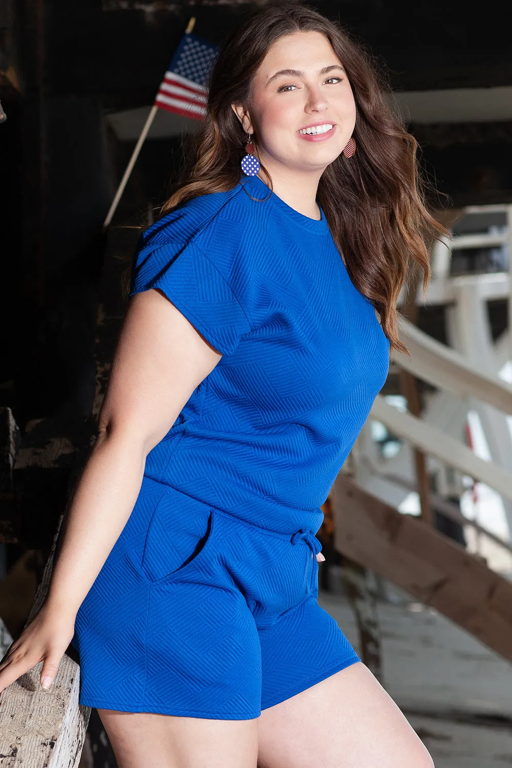 Dark Blue Plus Size Fashion Textured Short 2pcs Outfit sold by Beagle Boutique product image thumbnail 3