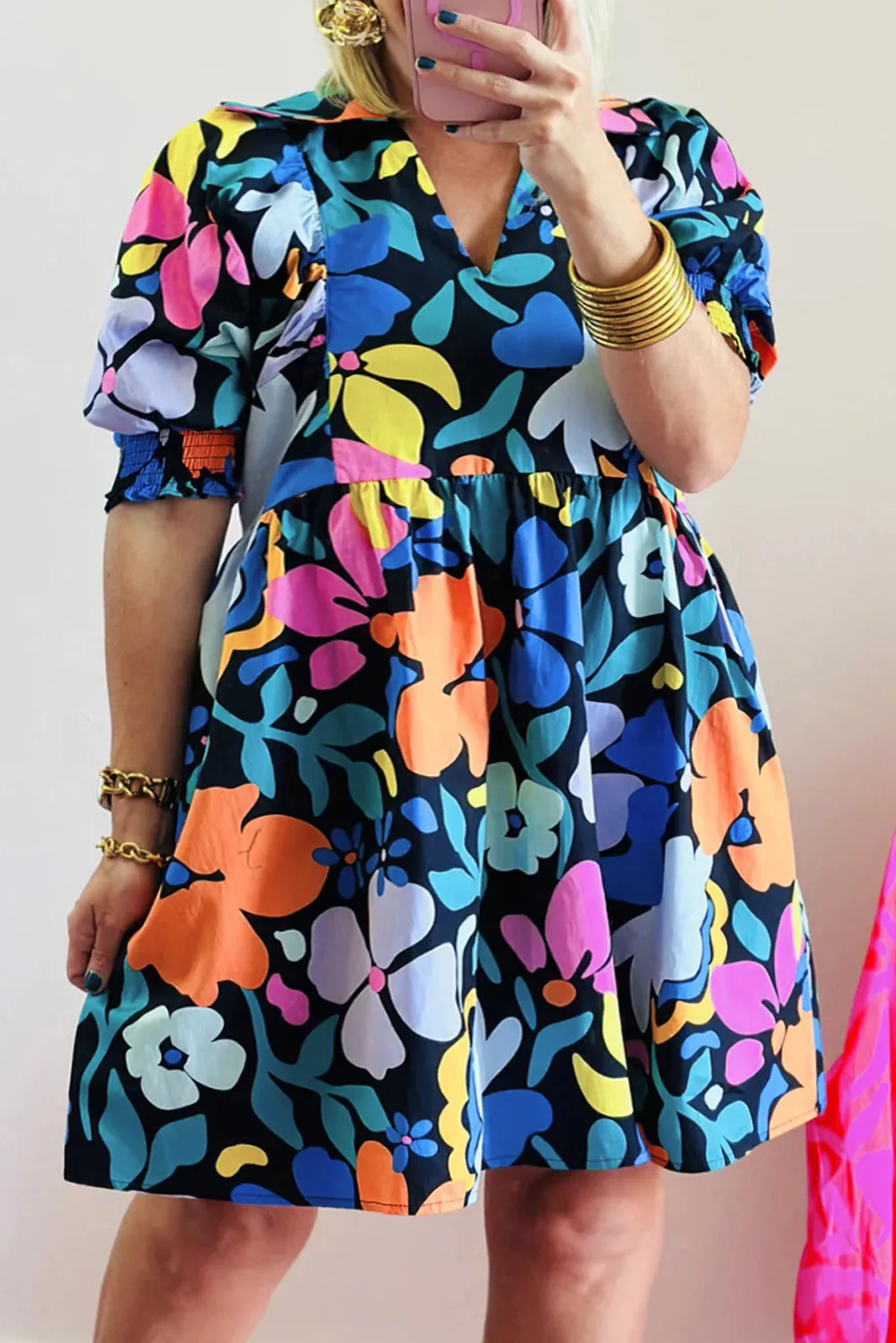 Blue Split Neck Collared Plus Floral Dress sold by Beagle Boutique