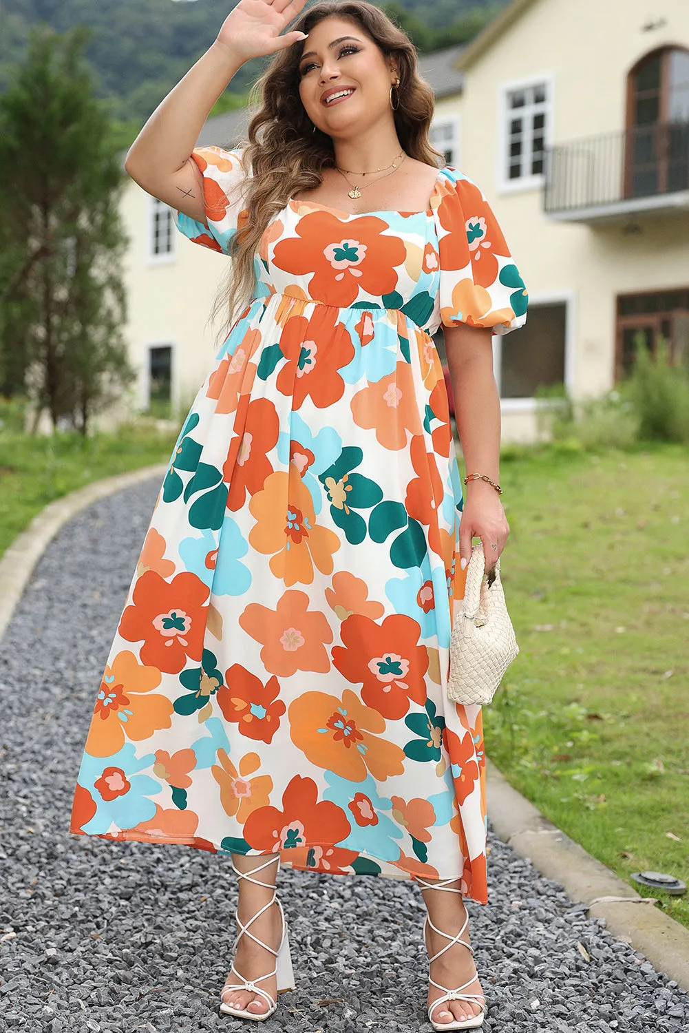 Orange Plus Size Flower Print Shirred Square Neck Maxi Dress sold by Beagle Boutique product image thumbnail 4