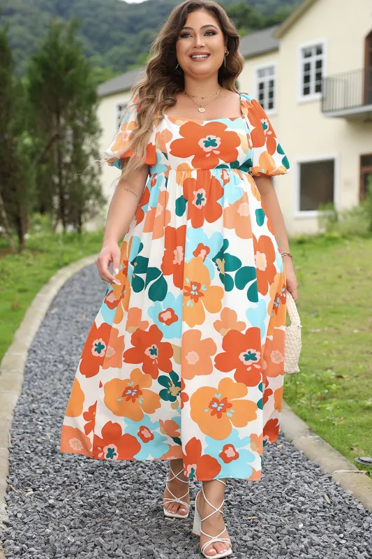 Orange Plus Size Flower Print Shirred Square Neck Maxi Dress sold by Beagle Boutique