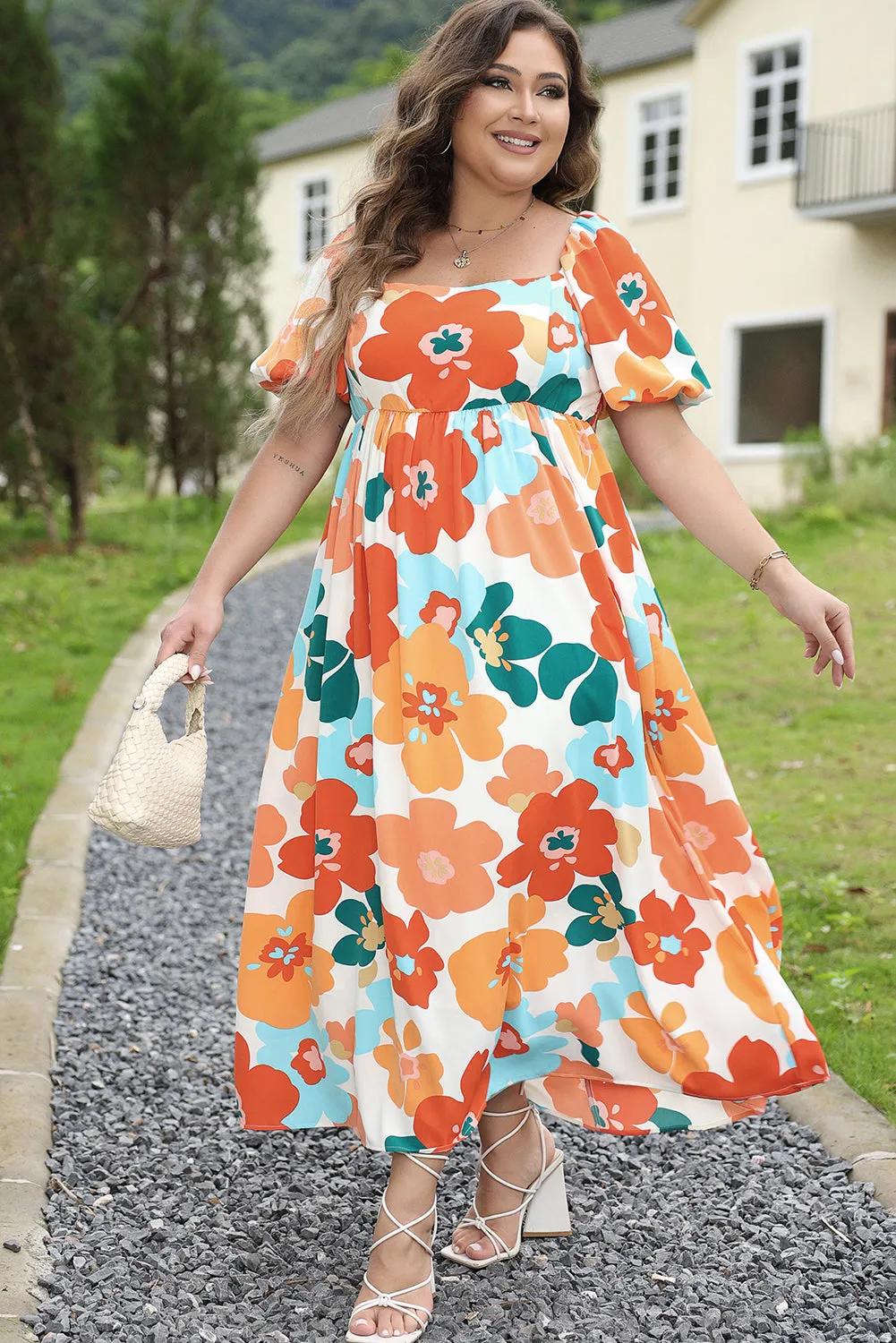 Orange Plus Size Flower Print Shirred Square Neck Maxi Dress sold by Beagle Boutique product image thumbnail 5