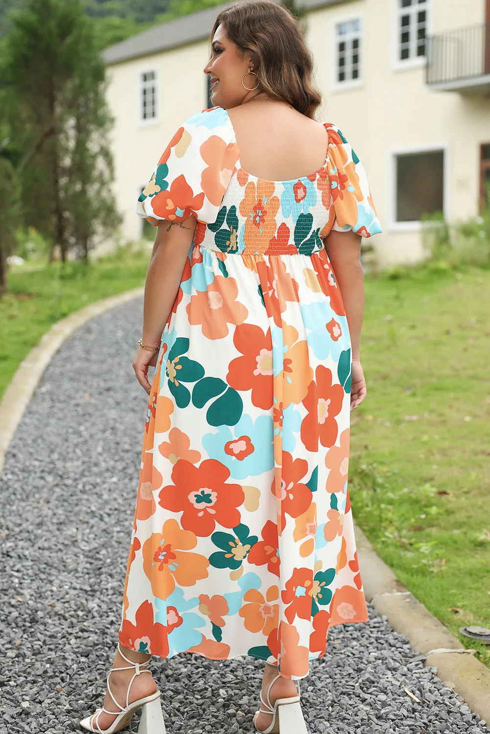 Orange Plus Size Flower Print Shirred Square Neck Maxi Dress sold by Beagle Boutique product image thumbnail 2