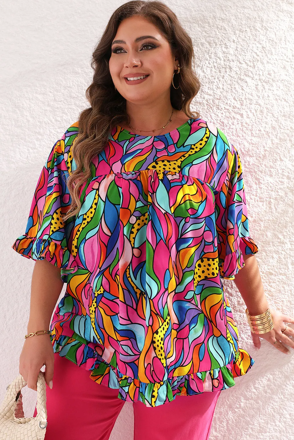 Rose Abstract Print Plus Size Frilly Trim Blouse sold by Beagle Boutique product image thumbnail 3