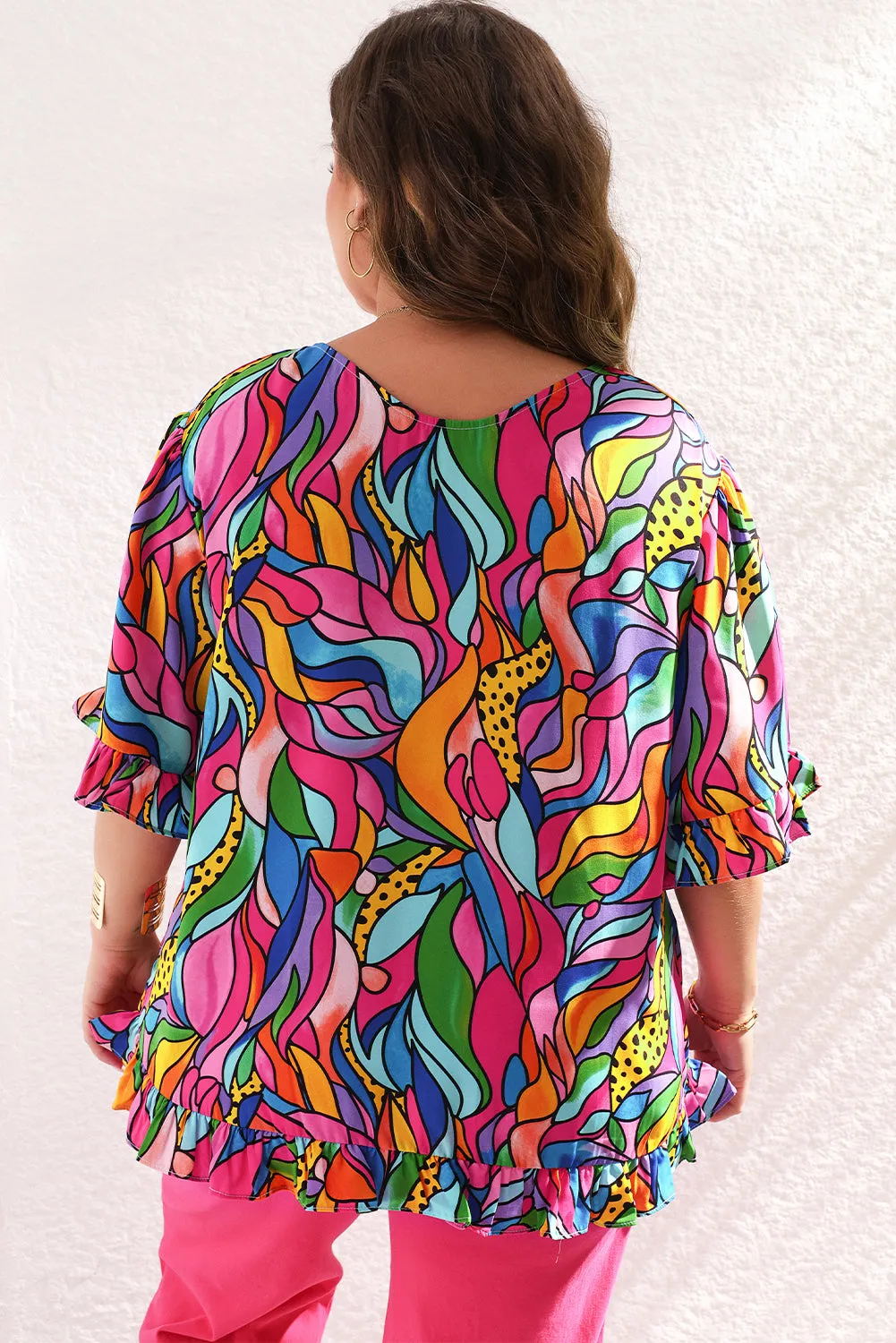 Rose Abstract Print Plus Size Frilly Trim Blouse sold by Beagle Boutique product image thumbnail 2