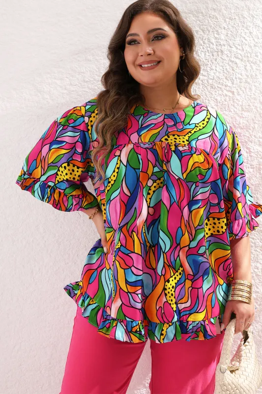 Rose Abstract Print Plus Size Frilly Trim Blouse sold by Beagle Boutique