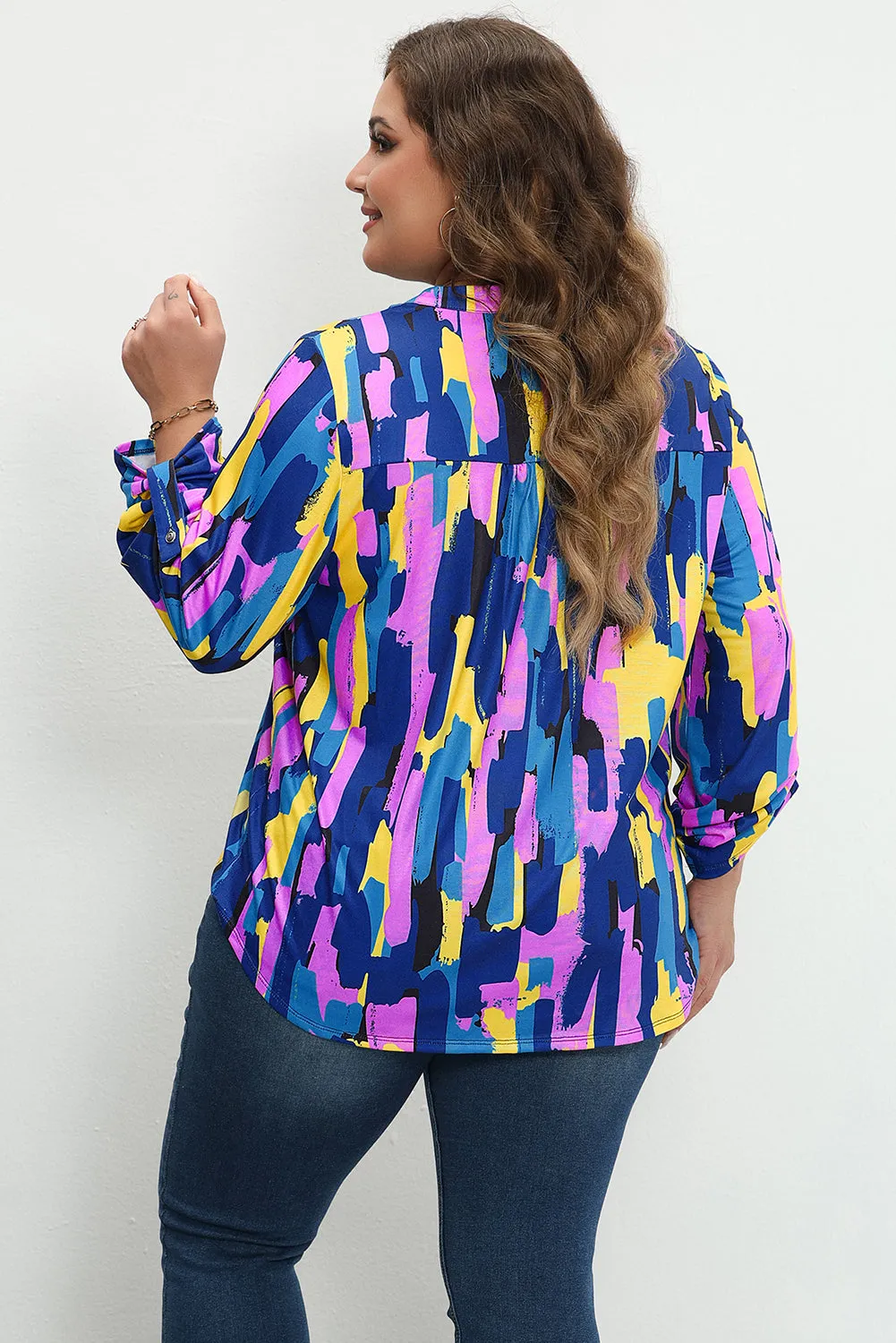 Blue Plus Size Brushstroke Print 3/4 Sleeve Blouse sold by Beagle Boutique product image thumbnail 3