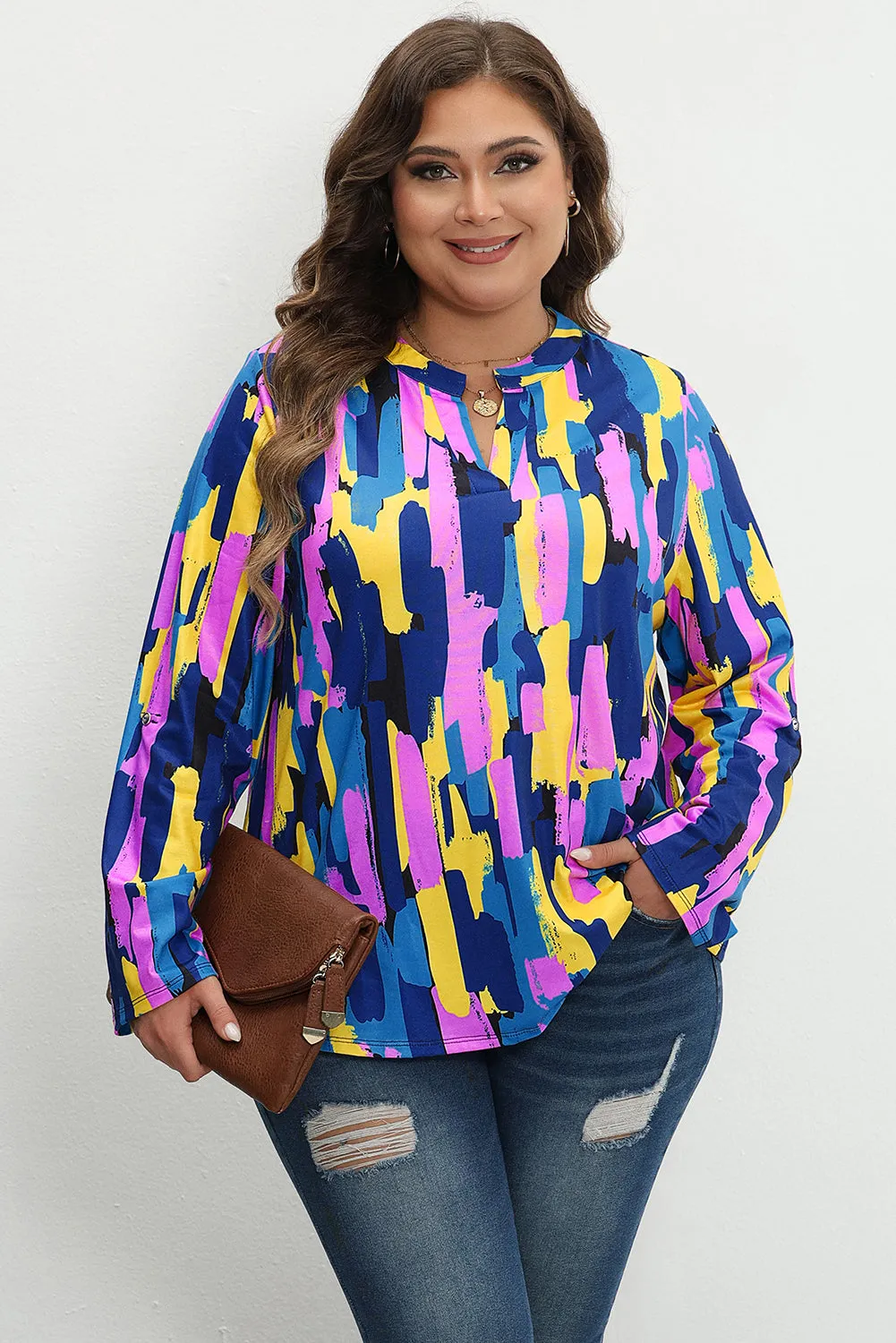 Blue Plus Size Brushstroke Print 3/4 Sleeve Blouse sold by Beagle Boutique
