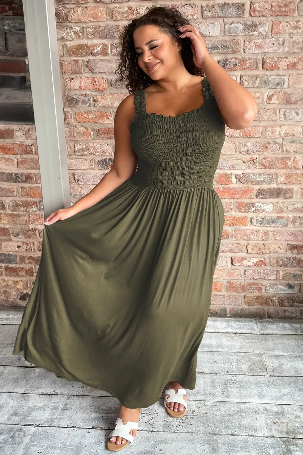 Jungle Green Shirred Bust Sleeveless Plus Size Maxi Dress sold by Beagle Boutique product image thumbnail 3