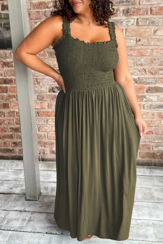 Jungle Green Shirred Bust Sleeveless Plus Size Maxi Dress sold by Beagle Boutique