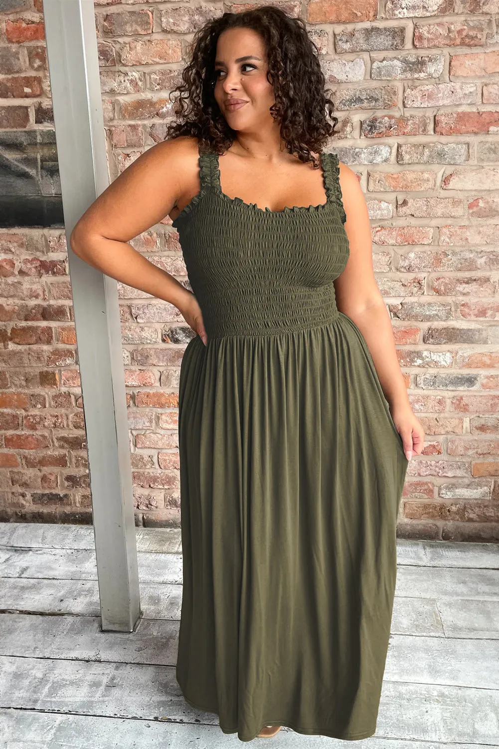 Jungle Green Shirred Bust Sleeveless Plus Size Maxi Dress sold by Beagle Boutique product image thumbnail 4