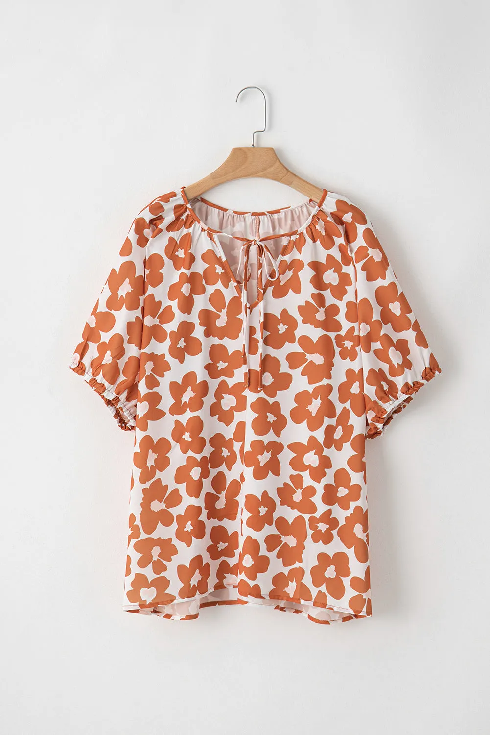 Orange Plus Size Floral Print Drawstring V Neck Short Sleeve Blouse sold by Beagle Boutique product image thumbnail 4