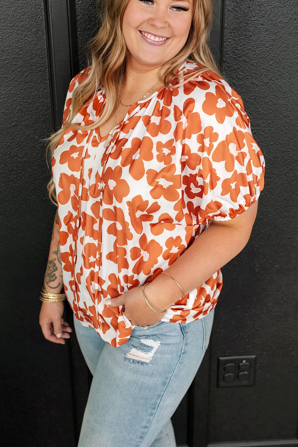 Orange Plus Size Floral Print Drawstring V Neck Short Sleeve Blouse sold by Beagle Boutique product image thumbnail 3