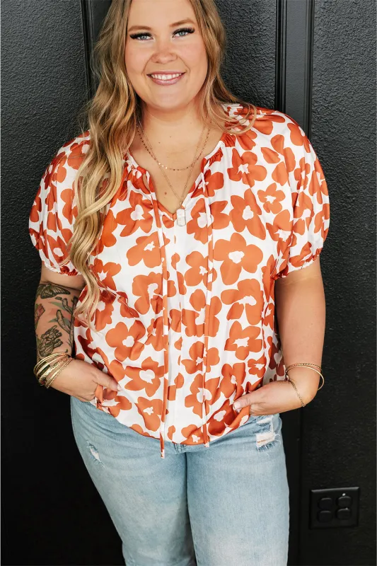 Orange Plus Size Floral Print Drawstring V Neck Short Sleeve Blouse sold by Beagle Boutique