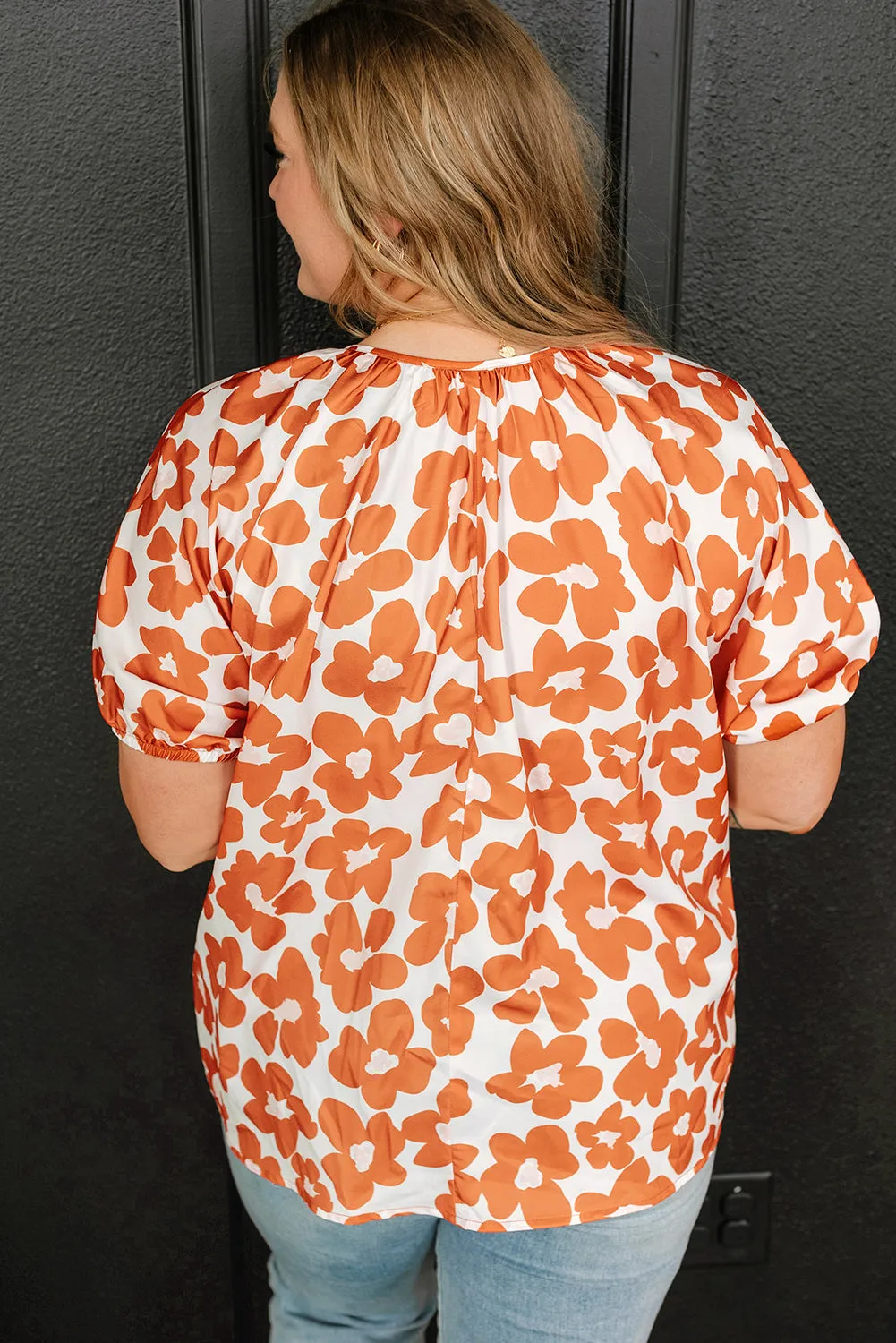Orange Plus Size Floral Print Drawstring V Neck Short Sleeve Blouse sold by Beagle Boutique product image thumbnail 2