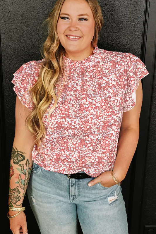Pink Plus Size Floral Print Ruffled Sleeve Frilled Neck Blouse sold by Beagle Boutique