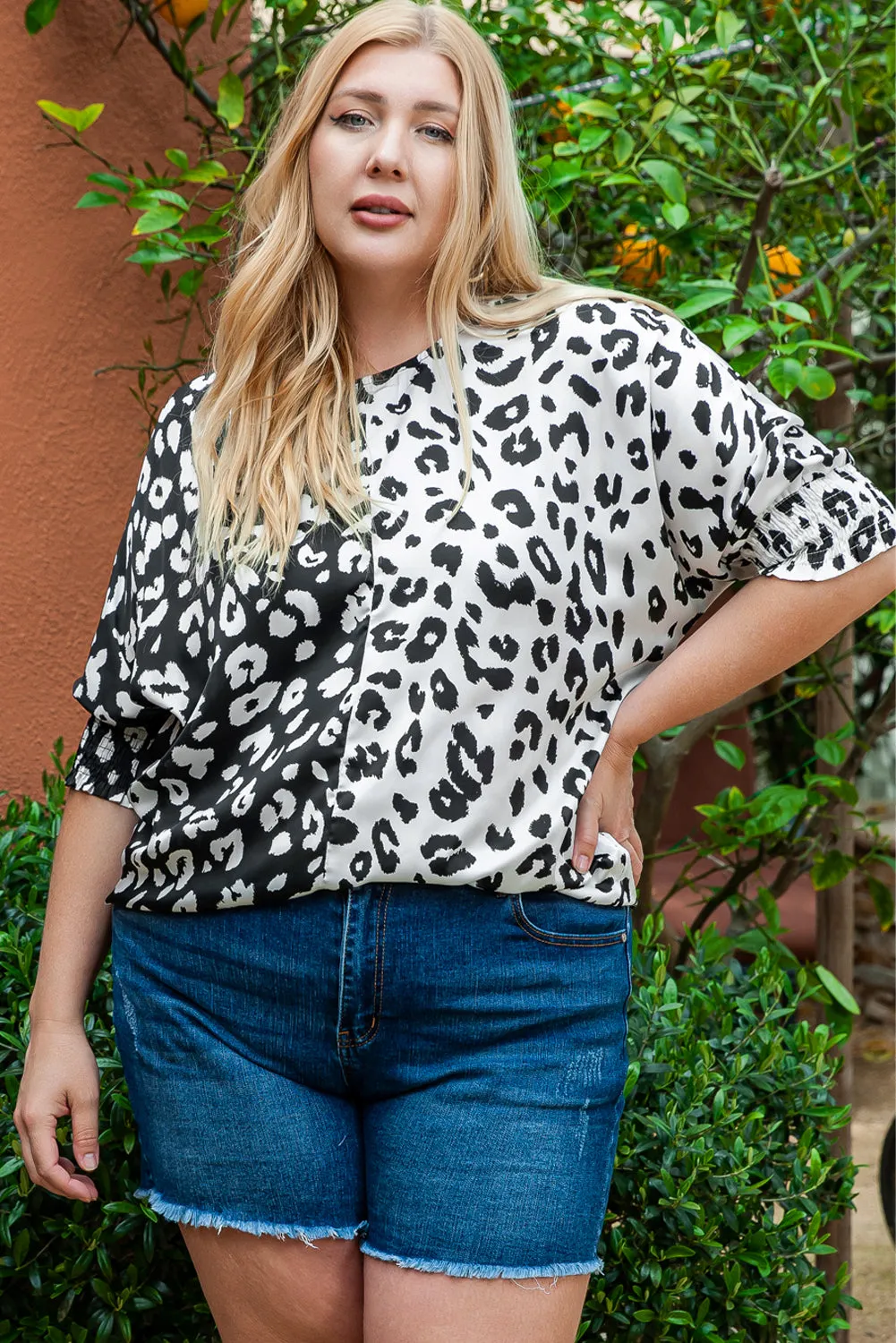 Black Plus Size Contrast Leopard Half Sleeve Blouse sold by Beagle Boutique product image thumbnail 3
