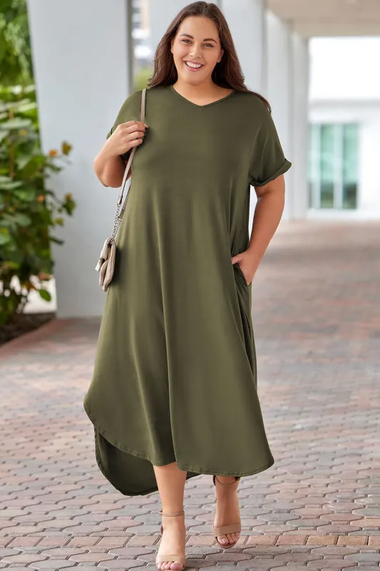 Green Plus Size V Neck Rolled Cuffs Maxi Dress sold by Beagle Boutique