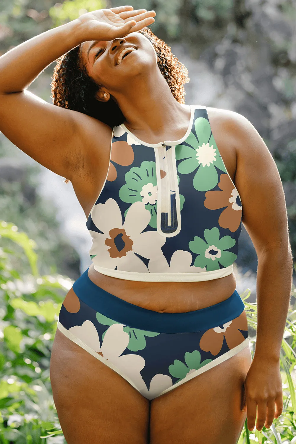 Green Floral Printed Zipped Plus Size Two Pieces Bikini sold by Beagle Boutique product image thumbnail 3