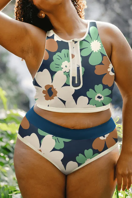 Green Floral Printed Zipped Plus Size Two Pieces Bikini sold by Beagle Boutique