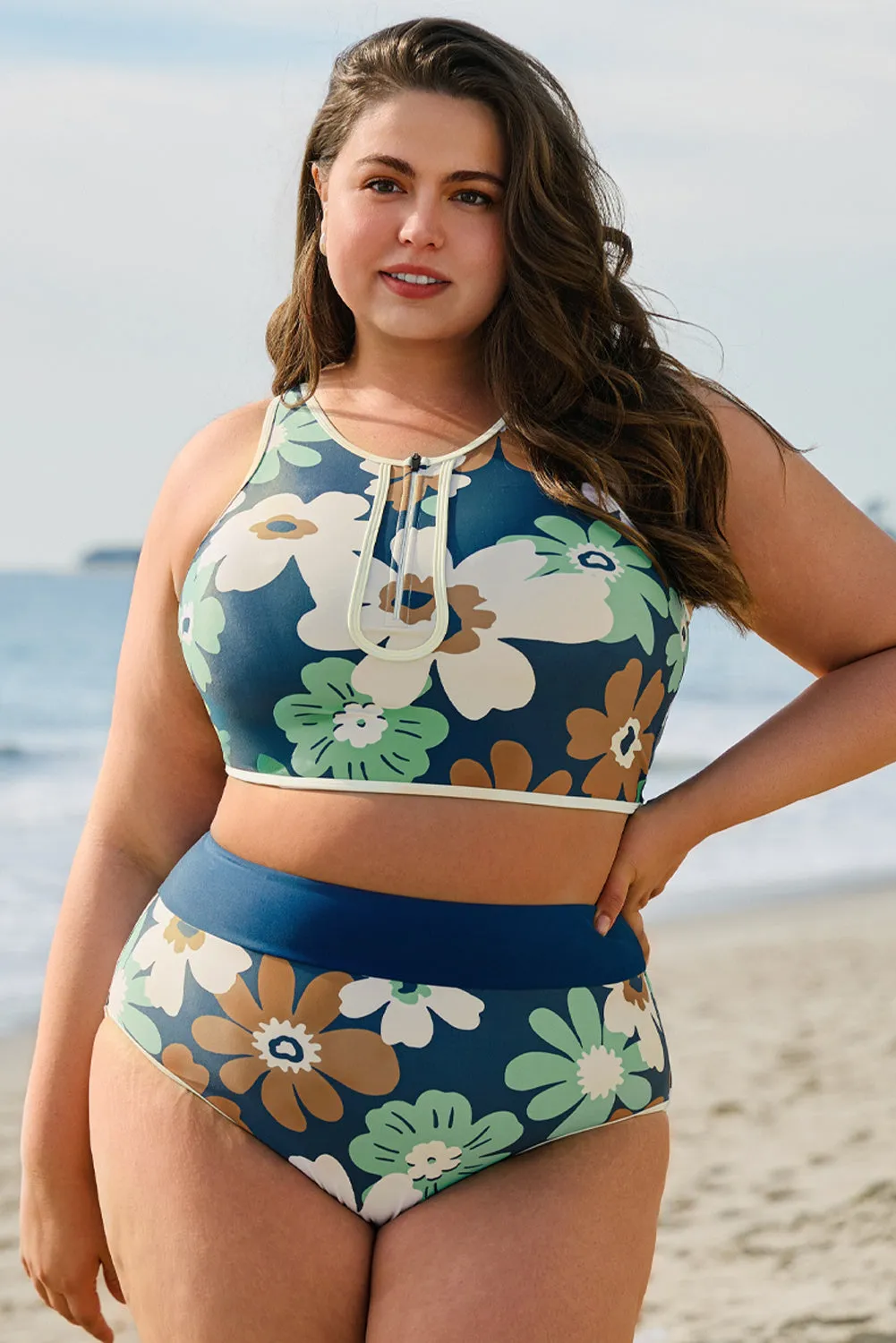 Green Floral Printed Zipped Plus Size Two Pieces Bikini sold by Beagle Boutique product image thumbnail 4
