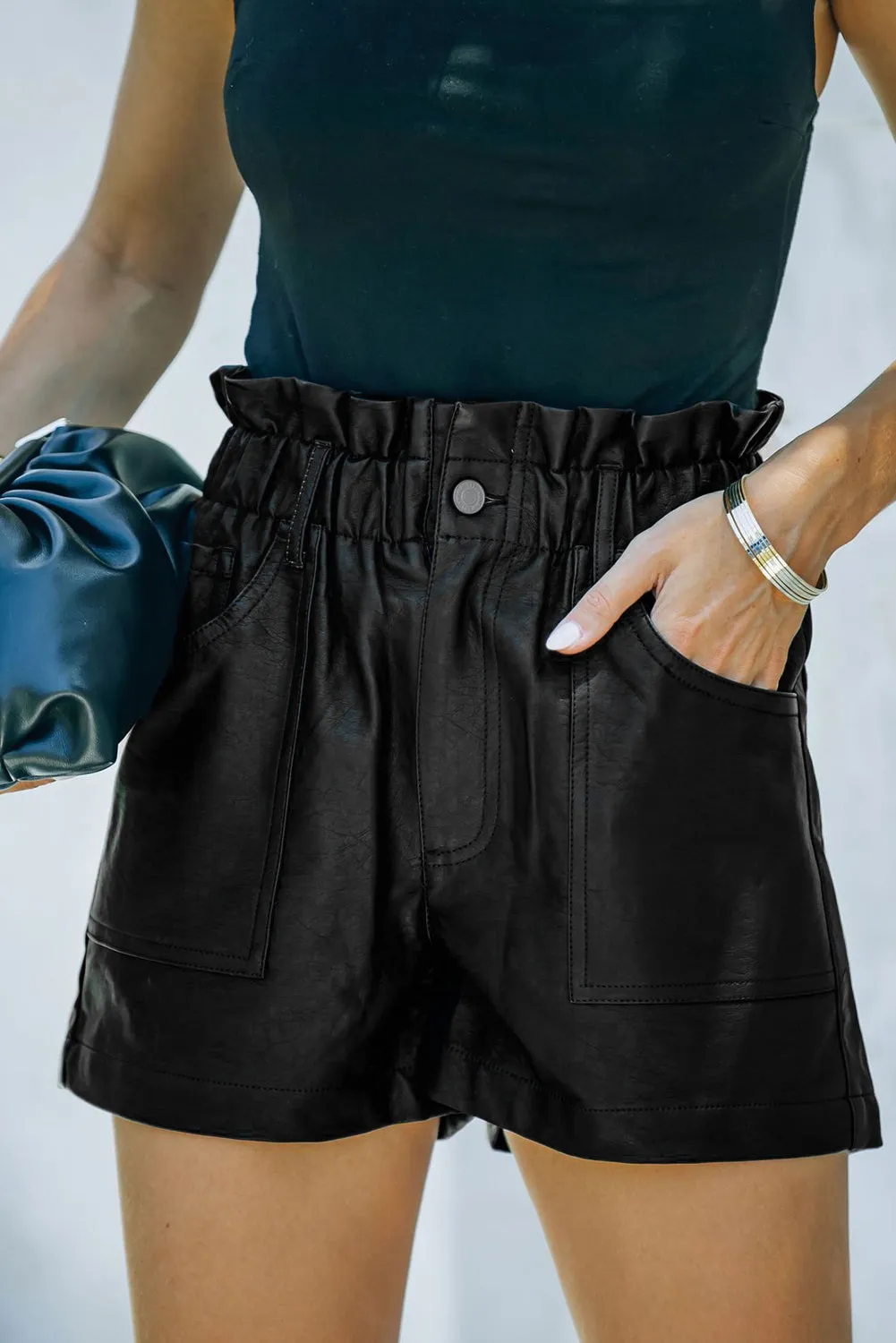 Black Faux Leather Paper Bag Waist High Rise Shorts sold by Beagle Boutique