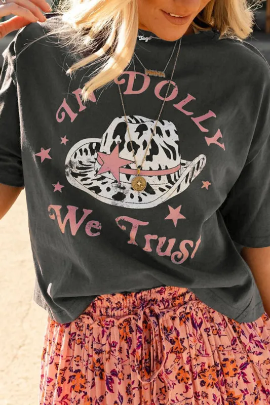 Gray WE TRUST IN DOLLY Western Fashion Graphic Tee sold by Beagle Boutique
