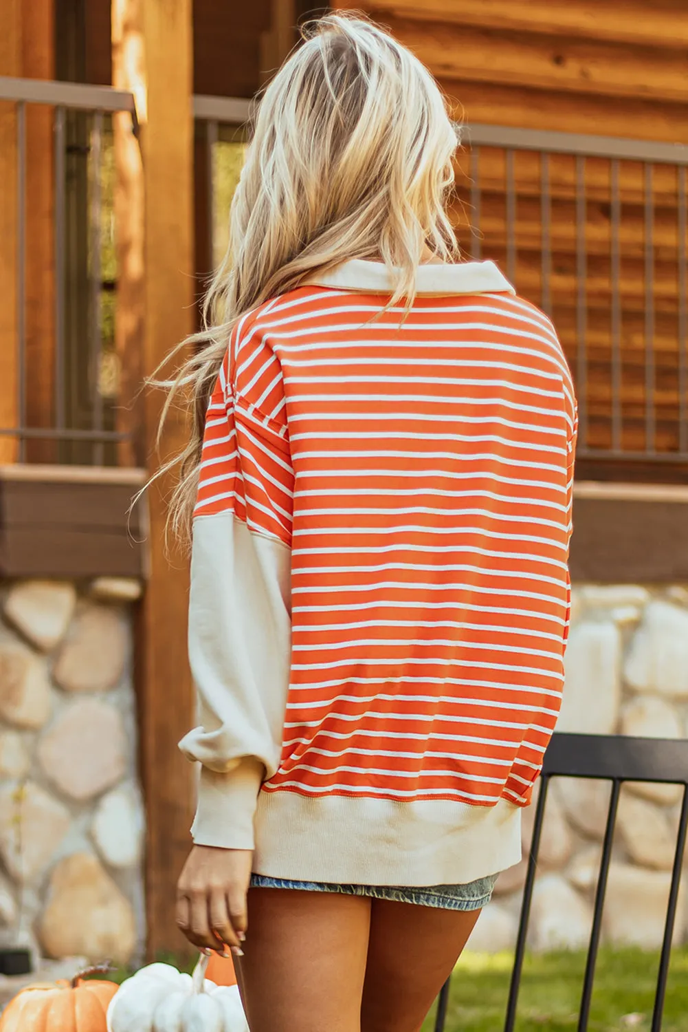 Orange Stripe Colour Block Loose Fit Collared Drop Shoulder Sweatshirt sold by Beagle Boutique product image thumbnail 5