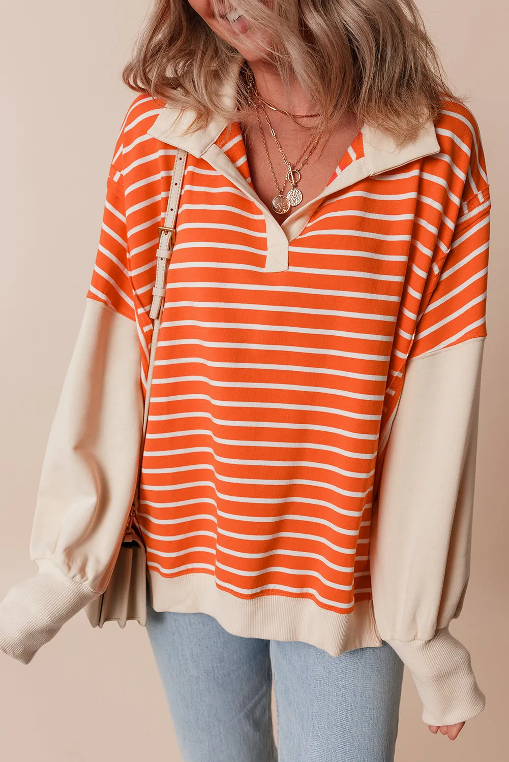 Orange Stripe Colour Block Loose Fit Collared Drop Shoulder Sweatshirt sold by Beagle Boutique product image thumbnail 3