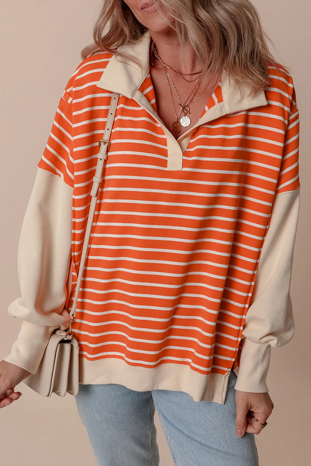 Orange Stripe Colour Block Loose Fit Collared Drop Shoulder Sweatshirt sold by Beagle Boutique