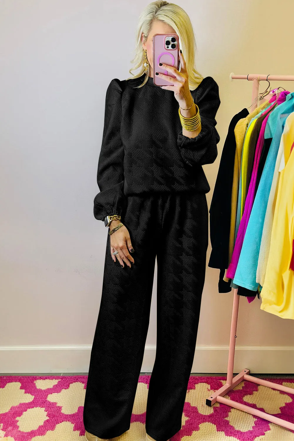 Black Textured Puff Sleeve Top and Trousers Set sold by Beagle Boutique product image thumbnail 3