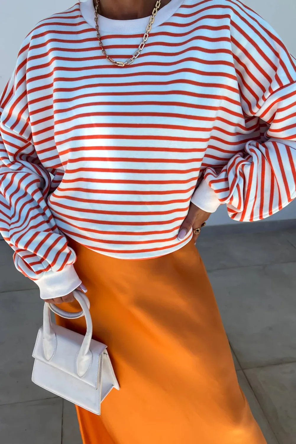 Orange Stripe Drop Shoulder Crew Neck Loose Sweatshirt sold by Beagle Boutique product image thumbnail 4