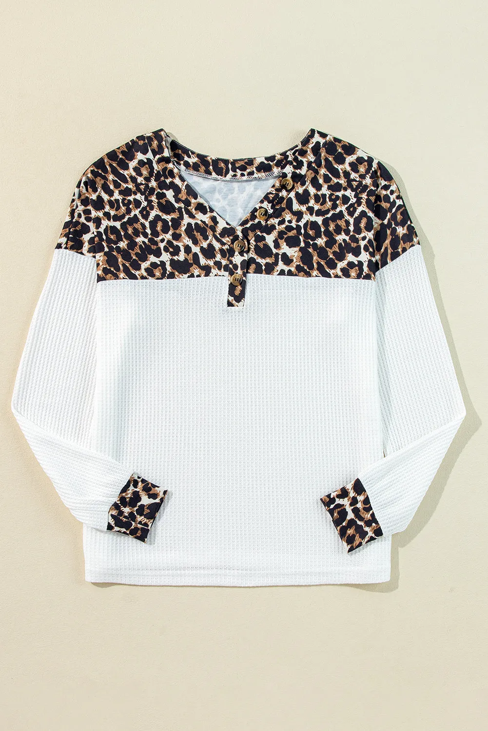 White Leopard Waffle Knit Patchwork Button V Neck Top sold by Beagle Boutique product image thumbnail 4