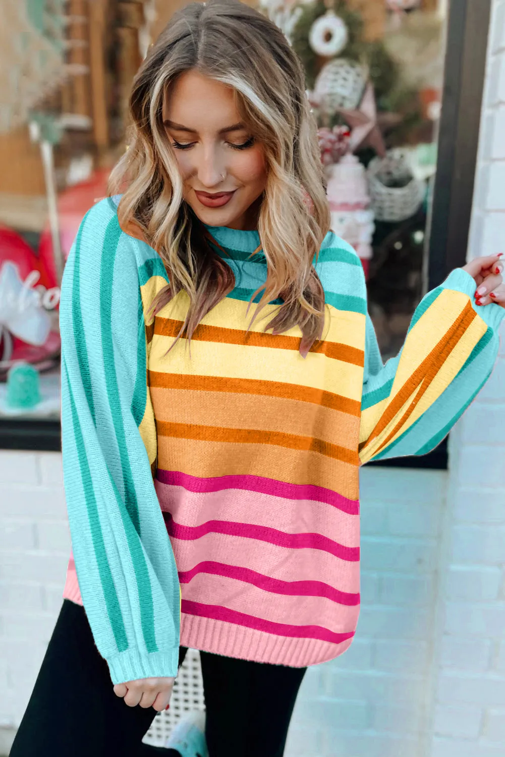 Yellow Stripe Gradient Striped Ribbed Edge Loose Sweater sold by Beagle Boutique product image thumbnail 3