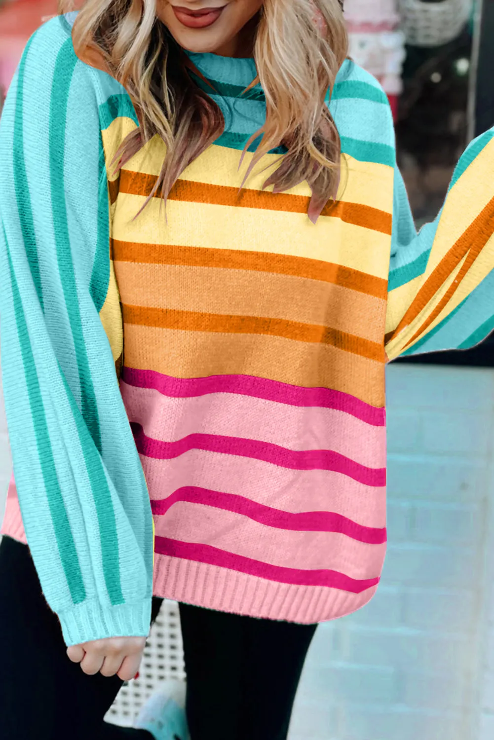 Yellow Stripe Gradient Striped Ribbed Edge Loose Sweater sold by Beagle Boutique