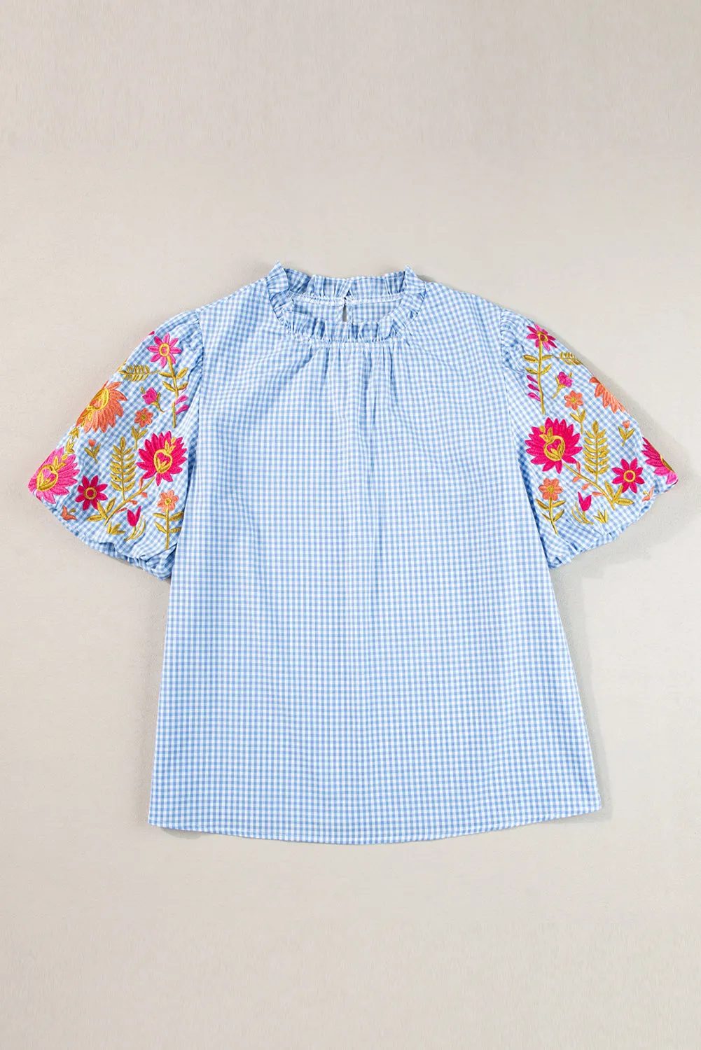 Light Blue Gingham Floral Embroidered Puff Sleeve Blouse sold by Beagle Boutique product image thumbnail 5