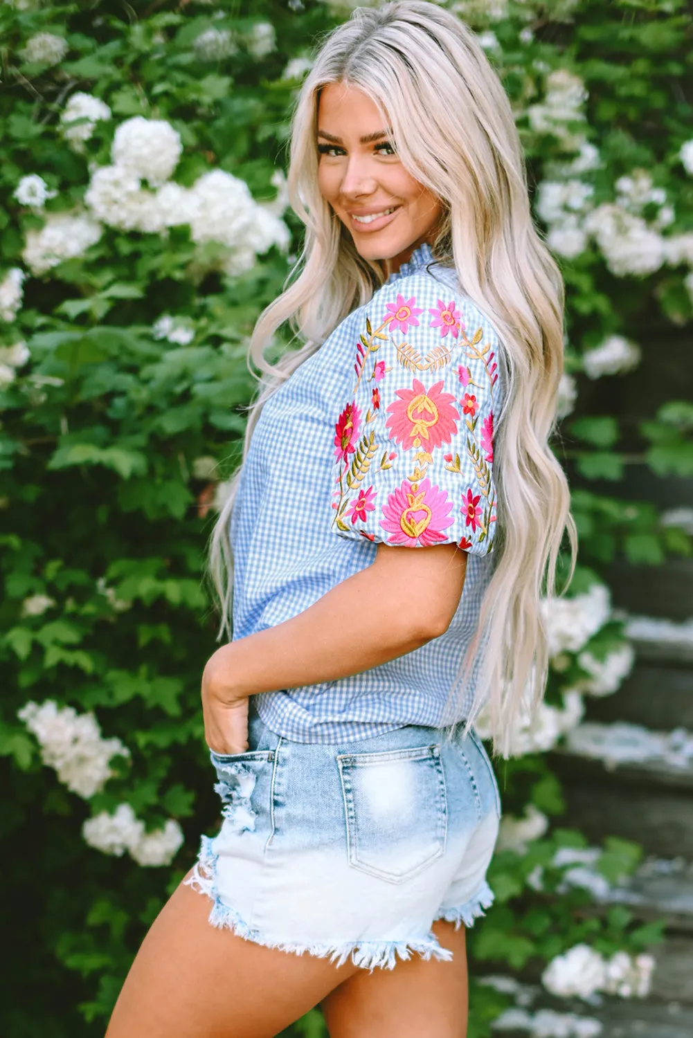 Light Blue Gingham Floral Embroidered Puff Sleeve Blouse sold by Beagle Boutique product image thumbnail 3