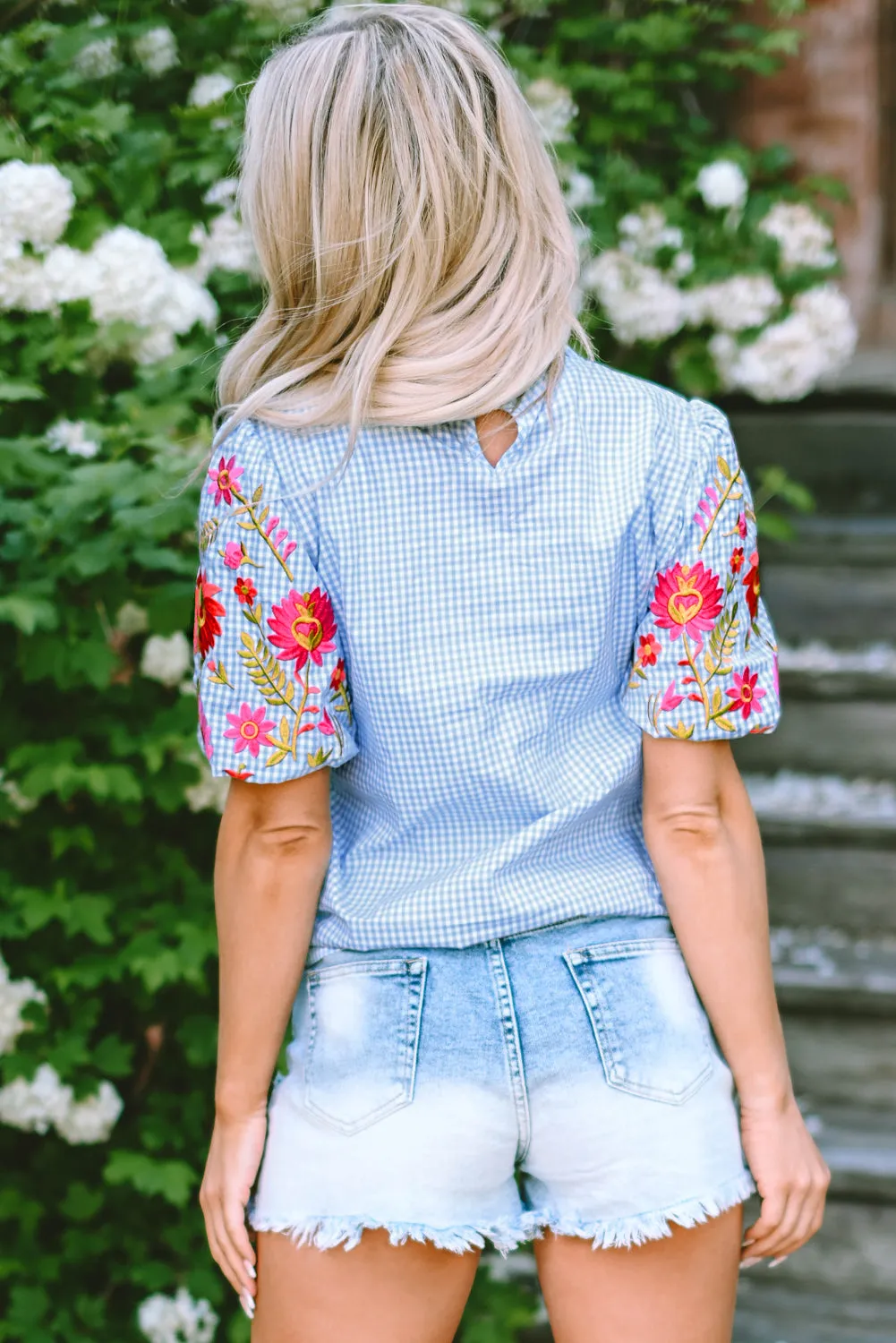 Light Blue Gingham Floral Embroidered Puff Sleeve Blouse sold by Beagle Boutique product image thumbnail 2