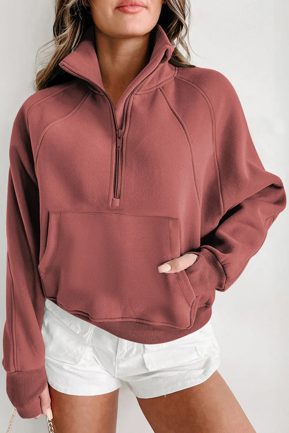 Brown Fleece Lined Zip Up Stand Collar Thumbhole Sleeve Sweatshirt sold by Beagle Boutique product image thumbnail 3