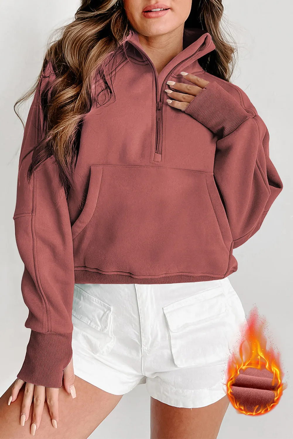 Brown Fleece Lined Zip Up Stand Collar Thumbhole Sleeve Sweatshirt sold by Beagle Boutique