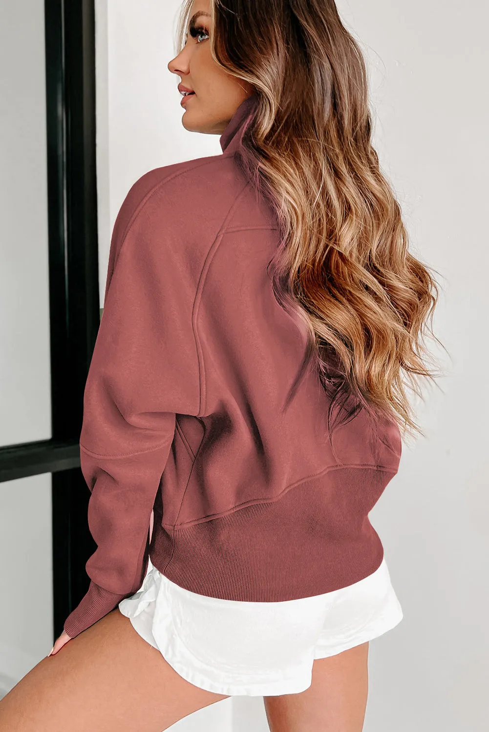 Brown Fleece Lined Zip Up Stand Collar Thumbhole Sleeve Sweatshirt sold by Beagle Boutique product image thumbnail 2