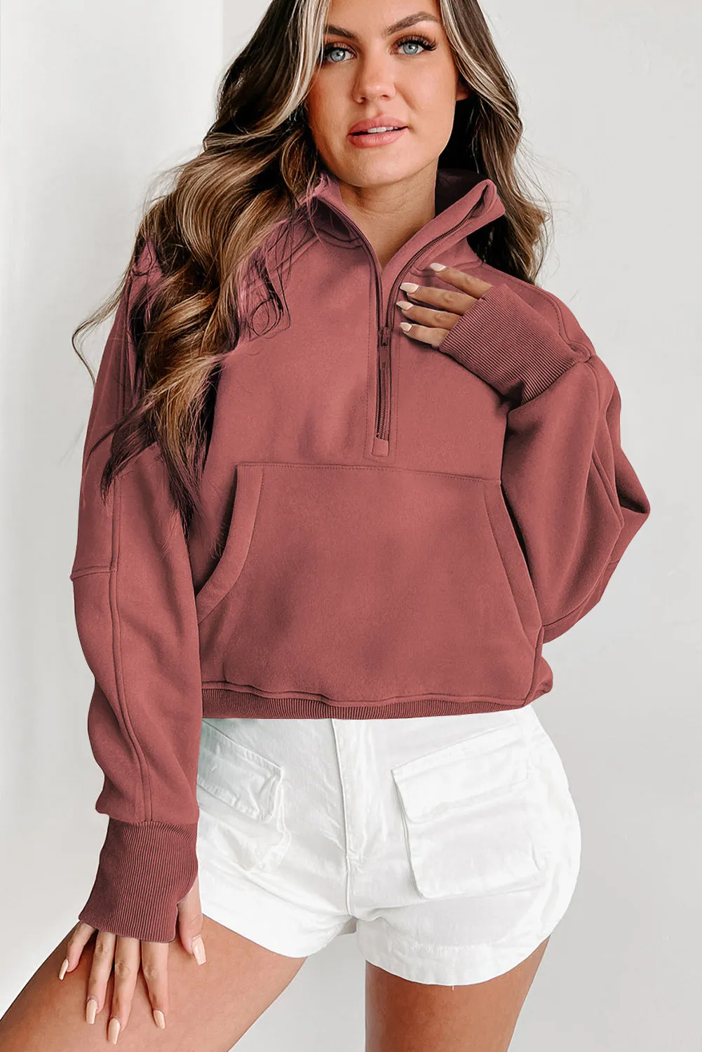 Brown Fleece Lined Zip Up Stand Collar Thumbhole Sleeve Sweatshirt sold by Beagle Boutique product image thumbnail 4