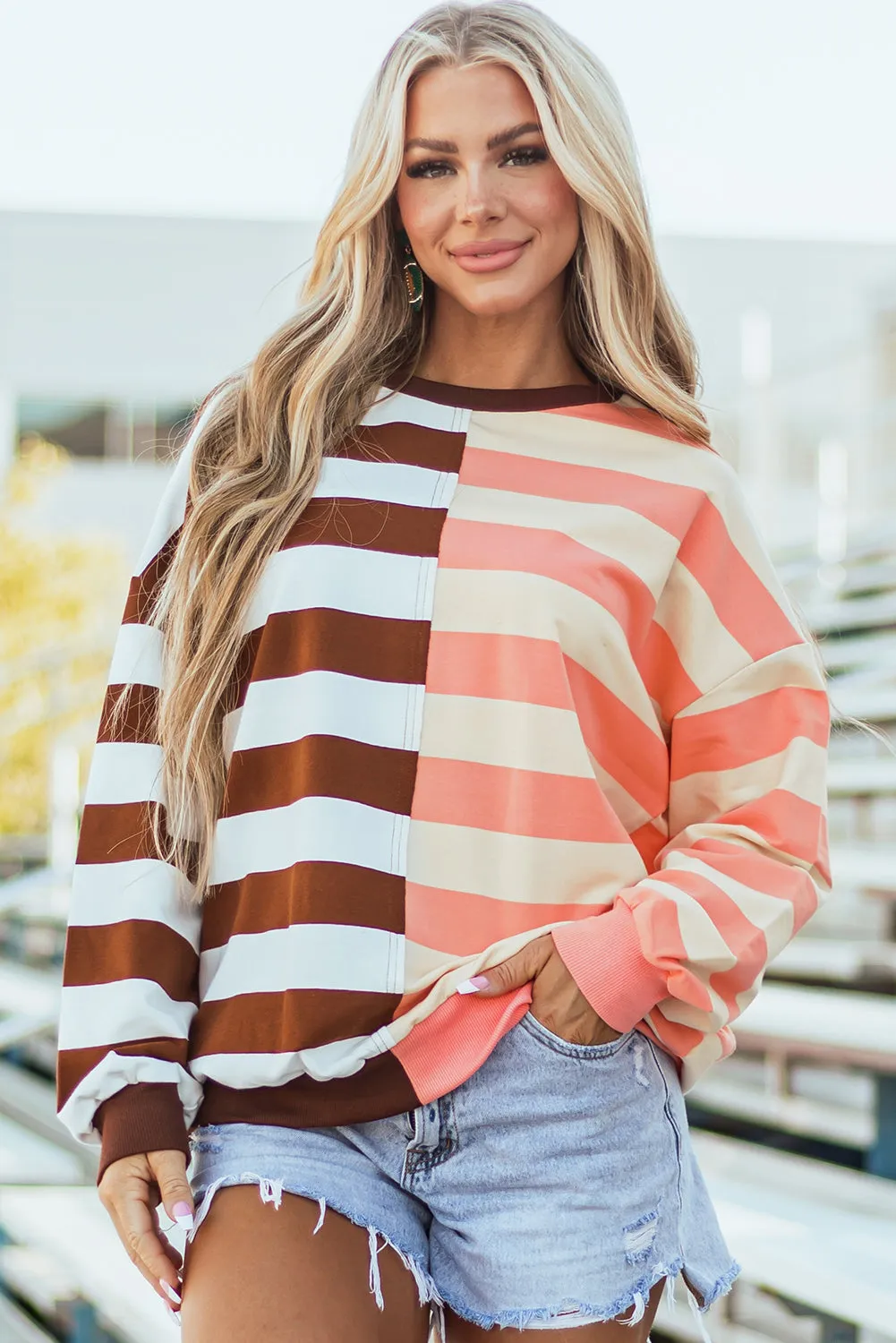Brown Stripe Colour Block Drop Shoulder Pullover Sweatshirt sold by Beagle Boutique product image thumbnail 5