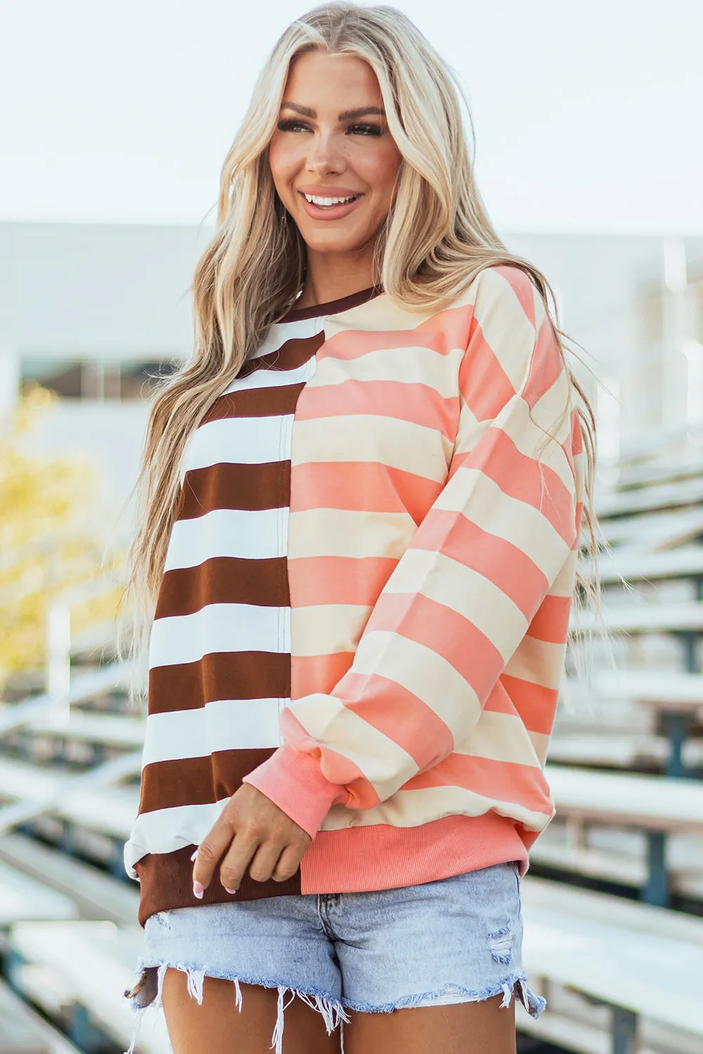 Brown Stripe Colour Block Drop Shoulder Pullover Sweatshirt sold by Beagle Boutique product image thumbnail 4