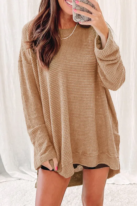 Khaki Waffle Knit High Slits Oversized Top sold by Beagle Boutique