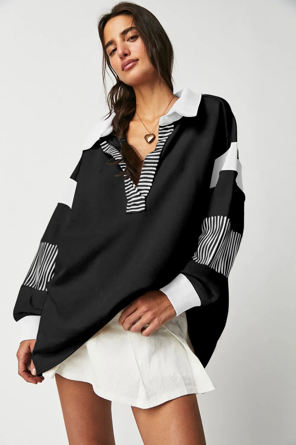 Black Striped Colourblock Patchwork Collar Sweatshirt sold by Beagle Boutique product image thumbnail 4