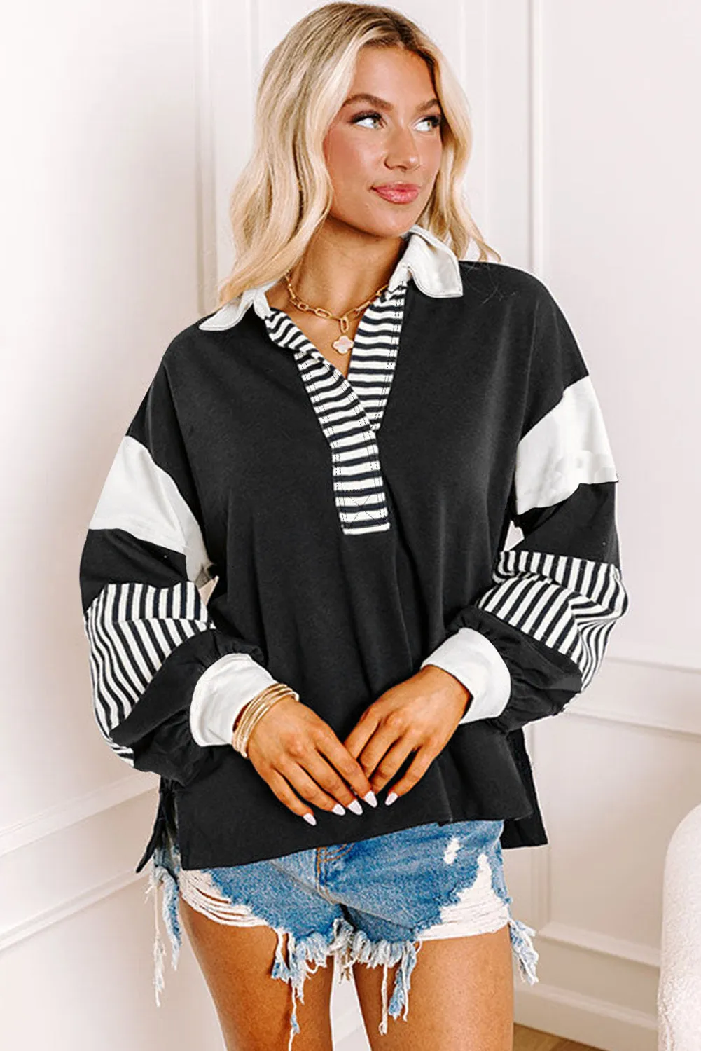 Black Striped Colourblock Patchwork Collar Sweatshirt sold by Beagle Boutique product image thumbnail 2