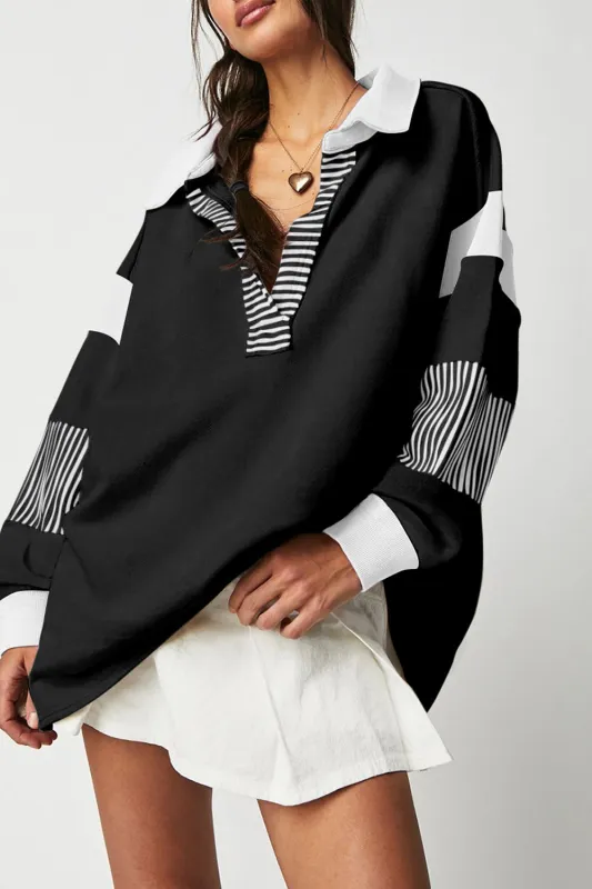 Black Striped Colorblock Patchwork Collar Sweatshirt sold by Beagle Boutique